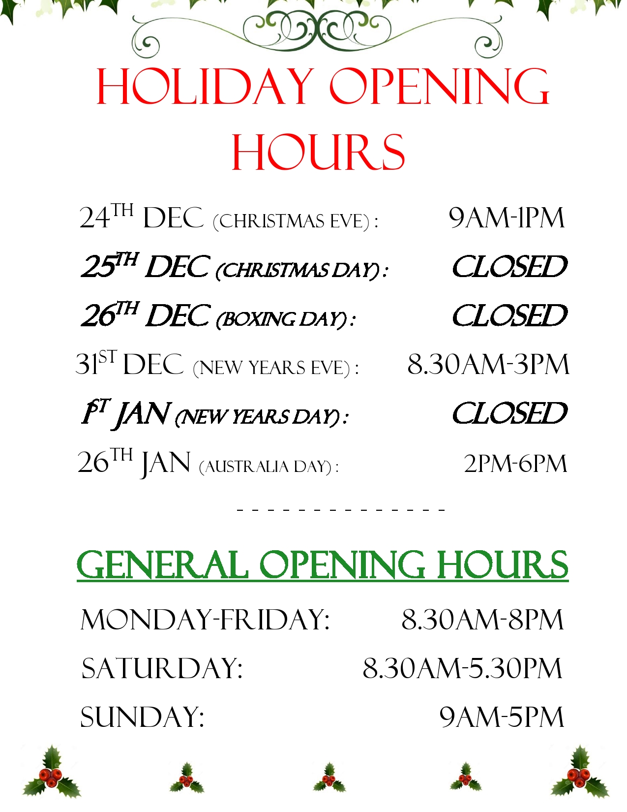 Holiday Opening Hours – December 2015 and January 2016